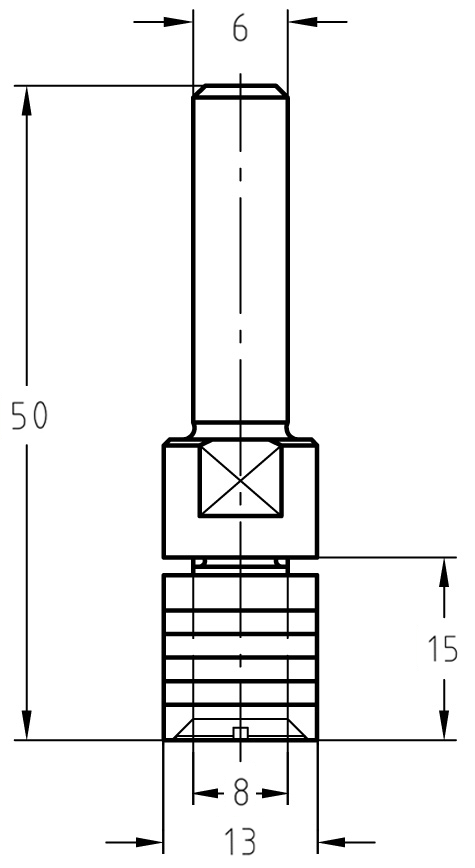 Technische Maßzeichnung des Aufnahmedorns ohne Lager: Maße für Schaft 6 mm, Dornlänge 15 mm und Dorndurchmesser 8 mm.