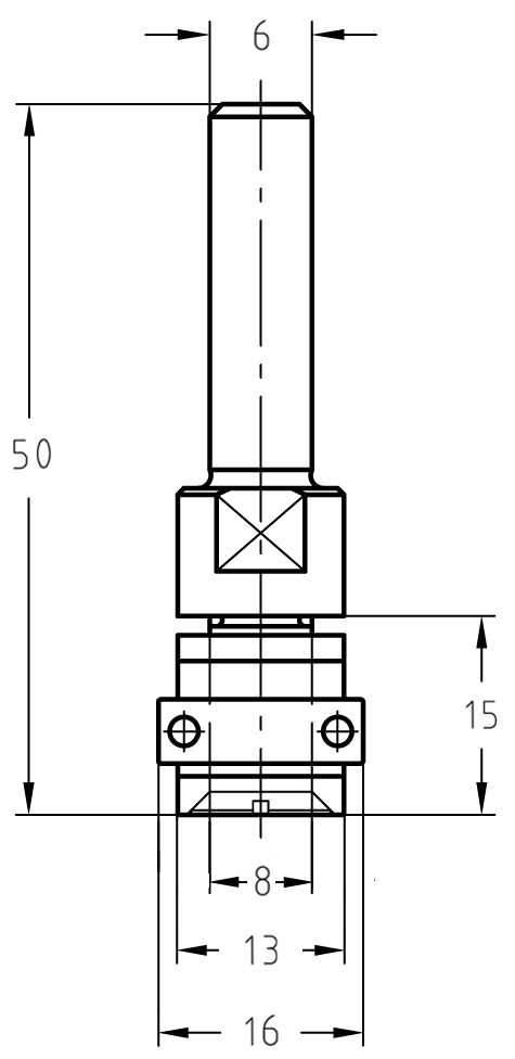 Technische Maßzeichnung des Aufnahmedorns: Details zu Schaft 6 mm, Dornlänge 15 mm, 13 mm Durchmesser und 16 mm Lager.