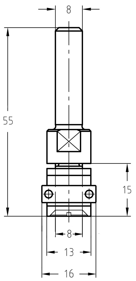 Technische Maßzeichnung: Details zu Schaft 8 mm, Dornlänge 15 mm, Durchmesser 13 mm und 16 mm Kugellager.