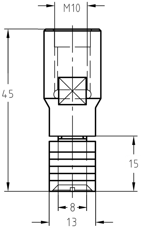 Technische Maßzeichnung des Aufnahmedorns: Details zum M10 Innengewinde, der 15 mm Dornlänge und dem 8 mm Dorndurchmesser.