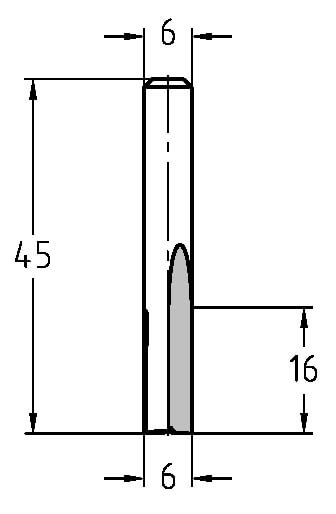 Maßblatt: VHW Nutfräser Ø 6 mm, Schnittlänge 16 mm, Gesamtlänge 45 mm
