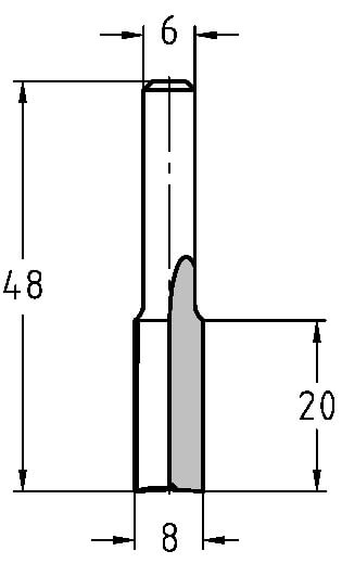 Maßzeichnung: HW Nutfräser Ø 8 mm, Schnittlänge 20 mm, Gesamtlänge 48 mm

