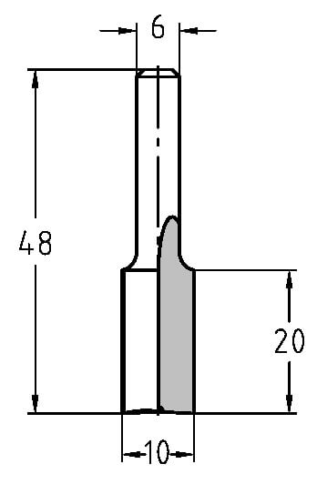 Maßzeichnung: Profi HW Nutfräser Ø 10 mm, NL 20 mm, S 6 mm, GL 48 mm
