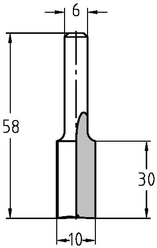 Technische Zeichnung: Langer HW Nutfräser Ø 10 mm, NL 30 mm, S 6 mm, GL 58 mm
