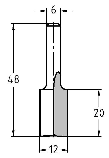 Maßskizze: HW Nutfräser Ø 12 mm, Schnittlänge 20 mm, Gesamtlänge 48 mm
