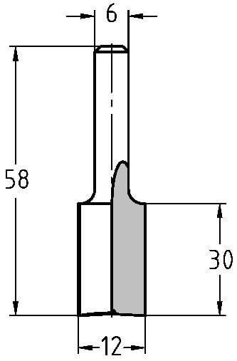 Maßzeichnung: Langer HW Nutfräser Ø 12 mm, NL 30 mm, S 6 mm, GL 58 mm
