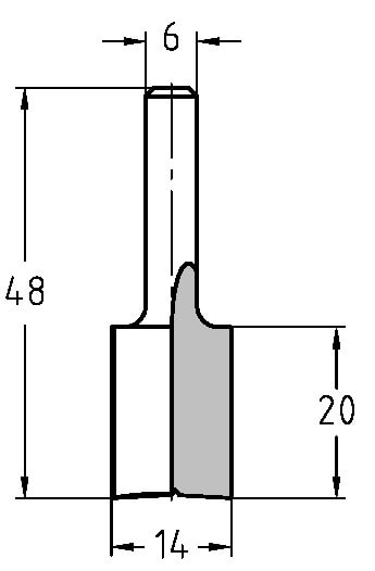 Technische Zeichnung: HW Nutfräser Ø 14 mm, Schnittlänge 20 mm, Gesamtlänge 48 mm
