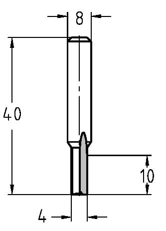 Technische Maßzeichnung des JSO VHW-Nutfräsers mit exakten Abmessungen für Durchmesser (4 mm), Nutzlänge (10 mm) und Gesamtlänge (40 mm).