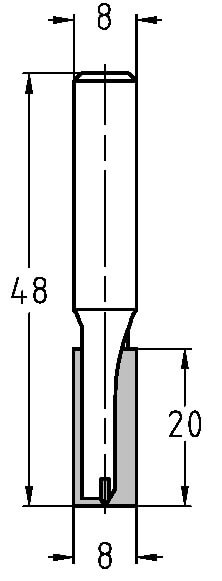 Technische Maßzeichnung des JSO HW-Nutfräswerkzeugs mit exakten Abmessungen für Durchmesser (8 mm), Nutzlänge (20 mm) und Gesamtlänge (48 mm).