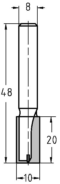 Technische Maßzeichnung des JSO HW-Nutfräswerkzeugs mit exakten Abmessungen für Durchmesser (10 mm), Nutzlänge (20 mm) und Gesamtlänge (48 mm).