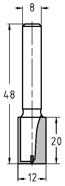 Technische Maßzeichnung des JSO HW-Nutfräswerkzeugs mit exakten Abmessungen für Durchmesser (12 mm), Nutzlänge (20 mm) und Gesamtlänge (48 mm).