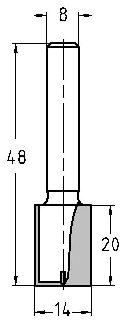 Technische Maßzeichnung des JSO HW-Nutfräswerkzeugs mit exakten Abmessungen für Durchmesser (14 mm), Nutzlänge (20 mm) und Gesamtlänge (48 mm).