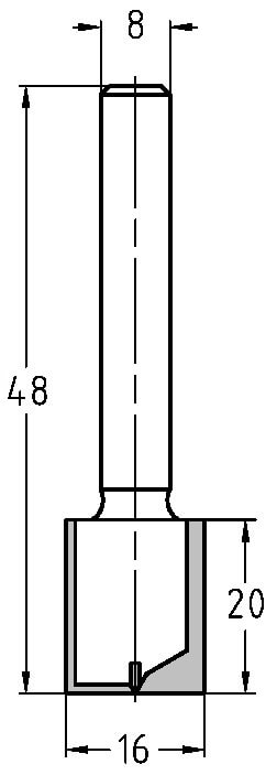 Technische Maßzeichnung des JSO HW-Nutfräswerkzeugs mit exakten Abmessungen für Durchmesser (16 mm), Nutzlänge (20 mm) und Gesamtlänge (48 mm).