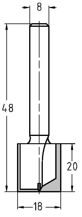 Technische Maßzeichnung des JSO HW-Nutfräswerkzeugs mit exakten Abmessungen für Durchmesser (18 mm), Nutzlänge (20 mm) und Gesamtlänge (48 mm).