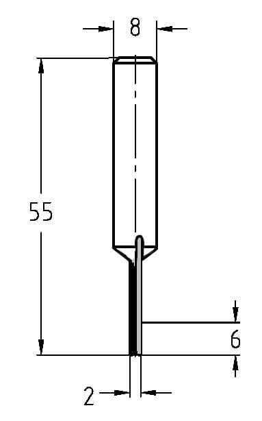 Technische Zeichnung: Filigraner VHW Nutfräser Ø 2 mm, NL 6 mm, S 8 mm, GL 55 mm
