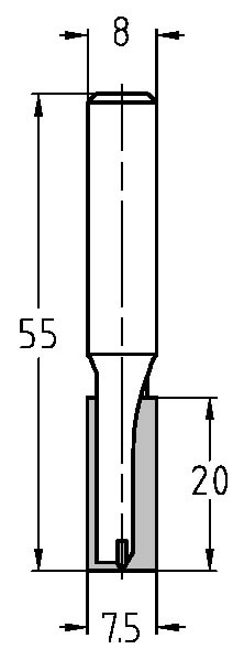 Technische Zeichnung Nutfräser Ø 7,5mm NL 20mm S 8mm – Abmessungen für präzise Planung
