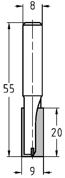 Technische Zeichnung Nutfräser Ø 9mm NL 20mm S 8mm – Exakte Maße für die Werkstattplanung
