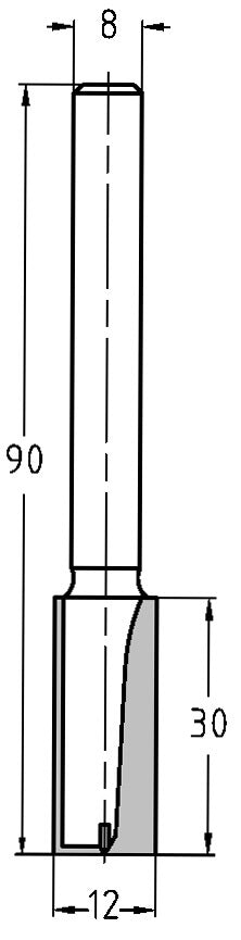 Technische Zeichnung Nutfräser Ø 12mm NL 30mm GL 90mm S 8mm – Maße für tiefe Fräsarbeiten
