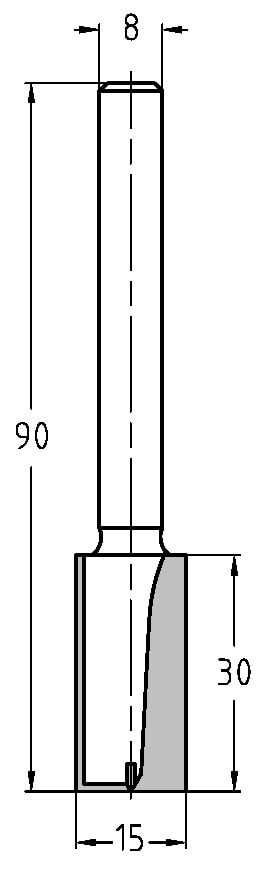 Technische Zeichnung Nutfräser Ø 15mm NL 30mm GL 90mm S 8mm – Maße für tiefe Fräsarbeiten
