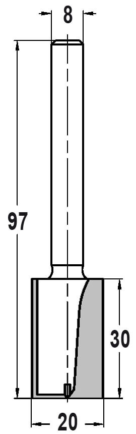 Technische Zeichnung Nutfräser Ø 20mm NL 30mm GL 97mm S 8mm – Maße für tiefe und breite Fräsarbeiten
