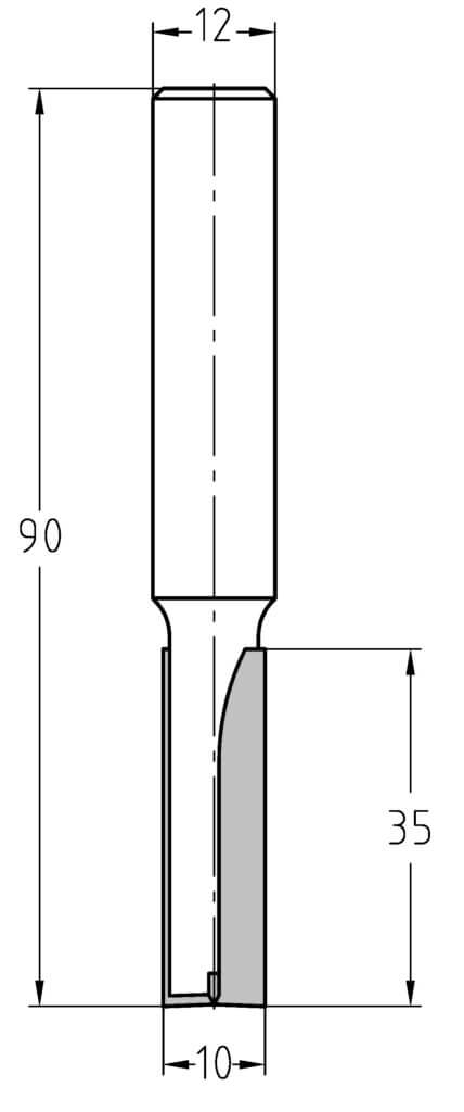 Technische Zeichnung Nutfräser Ø 10mm NL 35mm GL 90mm S 12mm – Maße für tiefe Fräsarbeiten
