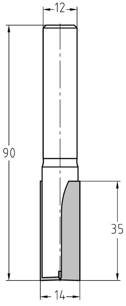 Technische Zeichnung Nutfräser Ø 14mm NL 35mm GL 90mm S 12mm – Exakte Maße für tiefe Fräsarbeiten
