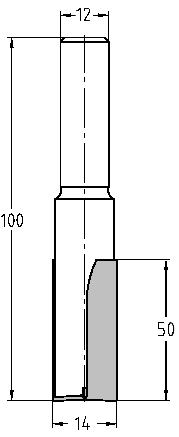 Technische Zeichnung Nutfräser Ø 14mm NL 50mm GL 100mm S 12mm – Maße für maximale Frästiefen
