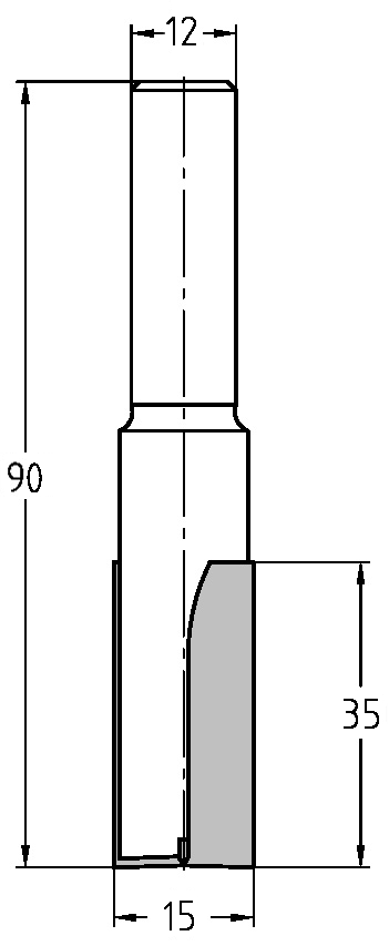 Technische Zeichnung Nutfräser Ø 15mm NL 35mm GL 90mm S 12mm – Maße für präzise Fräsarbeiten
