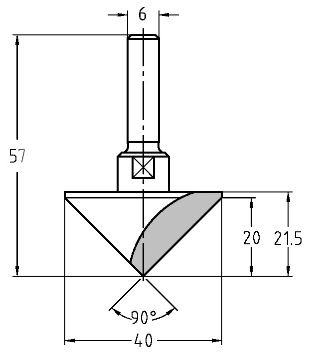Maßzeichnung JSO 90° V-Nutfräser: Durchmesser 40 mm, Faselänge 20 mm, Gesamtlänge 57 mm.