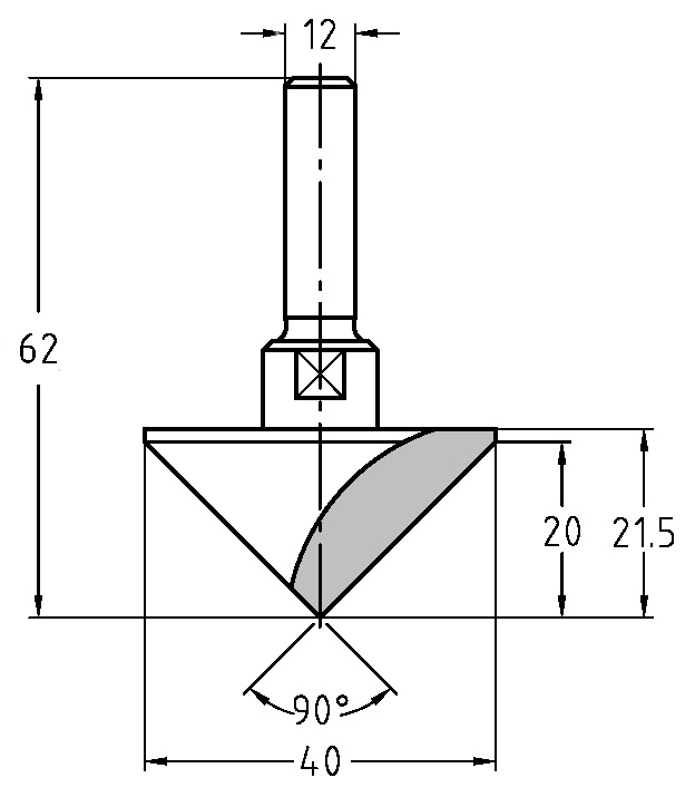 Maßzeichnung JSO 90° V-Nutfräser: Durchmesser 40 mm, Faselänge 20 mm, Gesamtlänge 62 mm.