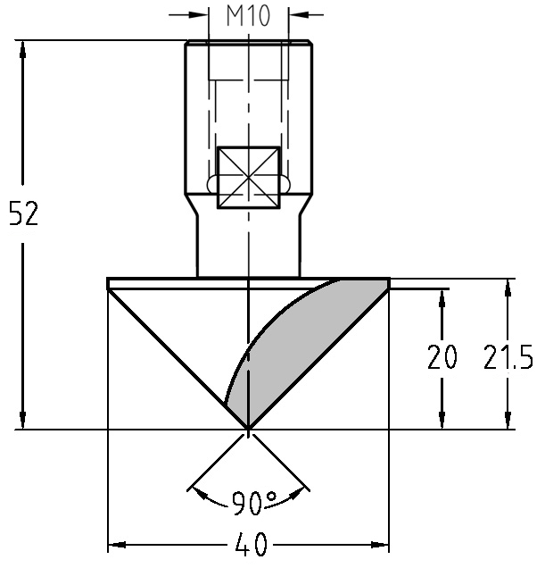 Maßzeichnung JSO 90° V-Nutfräser: Durchmesser 40 mm, Faselänge 20 mm, Gesamtlänge 52 mm.