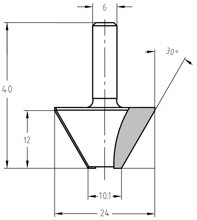 Technische Maßzeichnung des 30-Grad-Fasenfräsers ohne Lager mit Angaben für den großen Durchmesser (24 mm), den kleinen Durchmesser (10,1 mm) und die Nutzlänge (12 mm).
