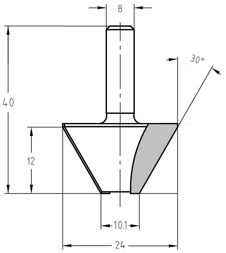 Technische Maßzeichnung des 30-Grad-Fasenfräsers ohne Lager mit Angaben für den großen Durchmesser (24 mm), den kleinen Durchmesser (10,1 mm) und den 8 mm Schaft.