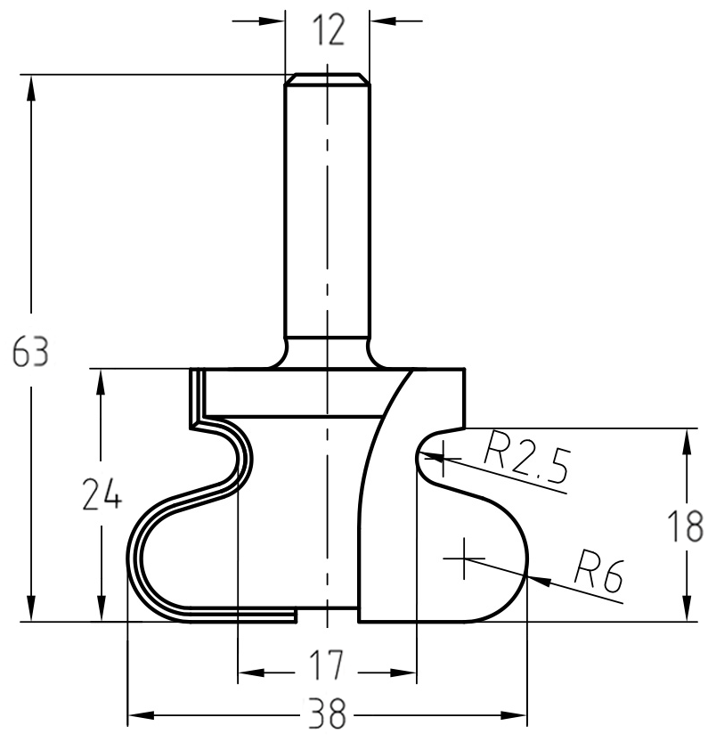Maßzeichnung des Griffmuldenfräsers: Details zum großen Durchmesser von 38 mm, dem kleinen Durchmesser von 17 mm und den Radien R 2,5/6 mm.