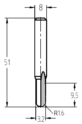 Technische Maßzeichnung des AKE Hohlkehlfräsers mit exakten Angaben zu Durchmesser (3,2 mm), Radius (1,6 mm), Nutzlänge (9,5 mm) und Gesamtlänge (51 mm).

