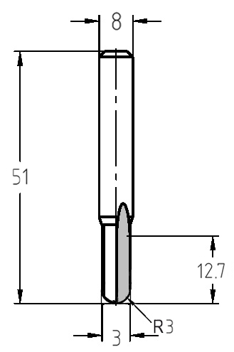Technische Maßzeichnung des AKE Hohlkehlfräsers mit exakten Angaben zu Durchmesser (6 mm), Radius (3 mm), Nutzlänge (12,7 mm) und Gesamtlänge (51 mm).
