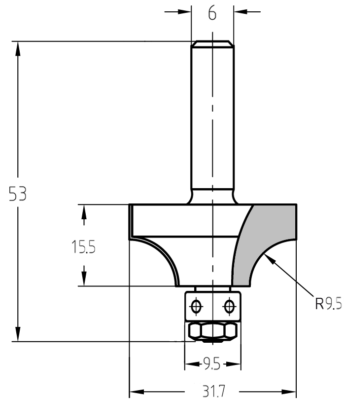 Technische Maßzeichnung des JSO Viertelstabfräsers R 9,5 mm mit Angaben für Durchmesser (31,7 mm), Nutzlänge (15,5 mm) und Gesamtlänge (53 mm).