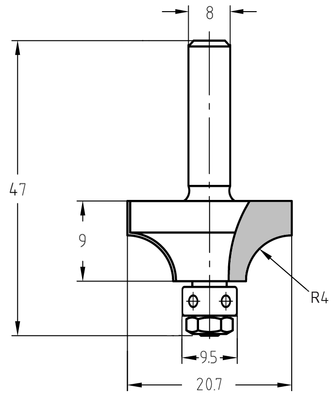 Technische Maßzeichnung des JSO Viertelstabfräsers R 4 mm mit Angaben für Durchmesser (20,7 mm), Nutzlänge (9 mm) und Gesamtlänge (47 mm).