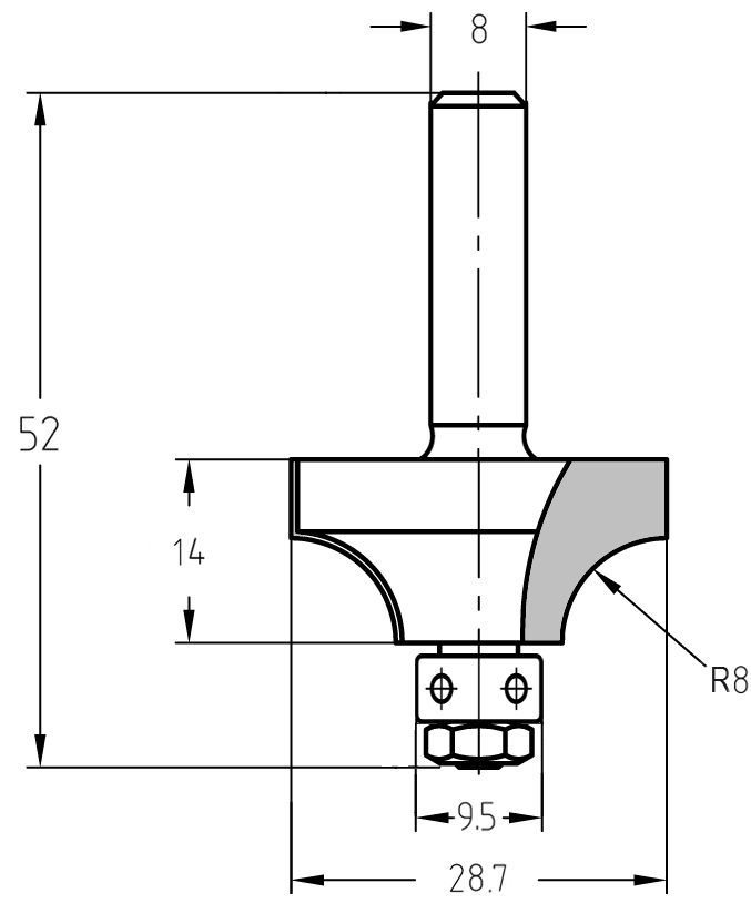 Technische Maßzeichnung des JSO Viertelstabfräsers R 8 mm mit Angaben für Durchmesser (28,7 mm), Nutzlänge (14 mm) und Gesamtlänge (52 mm).