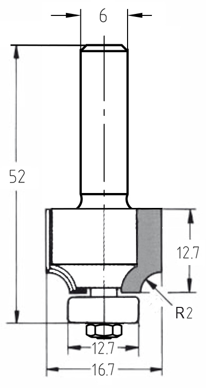 Technische Maßzeichnung des AKE Abrundfräsers R2 mit Abmessungen zu Durchmesser (16,7 mm), Nutzlänge (12,7 mm) und Gesamtlänge.