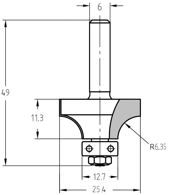 Technische Zeichnung JSO Abrundfräser R 6,35 mm mit Bemaßung: Durchmesser 25,4 mm, Nutzlänge 11,3 mm, Gesamtlänge 49 mm und Kugellager-Führung.