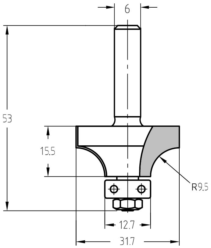 Technische Zeichnung JSO Abrundfräser R 9,5 mm mit Bemaßung: Durchmesser 31,7 mm, Nutzlänge 15,5 mm, Gesamtlänge 53 mm und Kugellager-Führung.