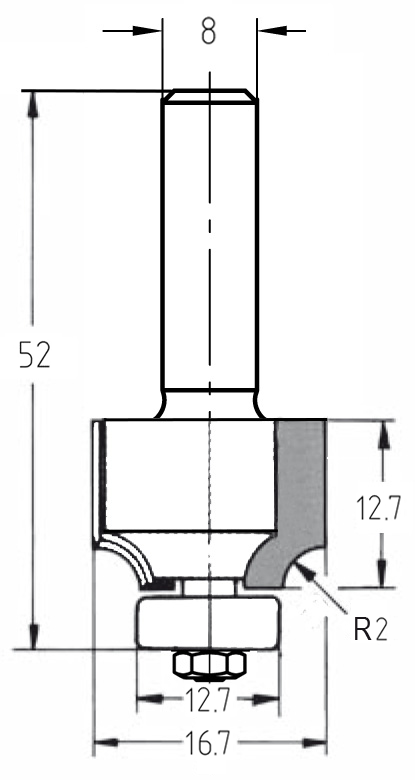Technische Maßzeichnung des AKE Abrundfräsers R2 mit Abmessungen zu Durchmesser (16,7 mm), Nutzlänge (12,7 mm) und Gesamtlänge.