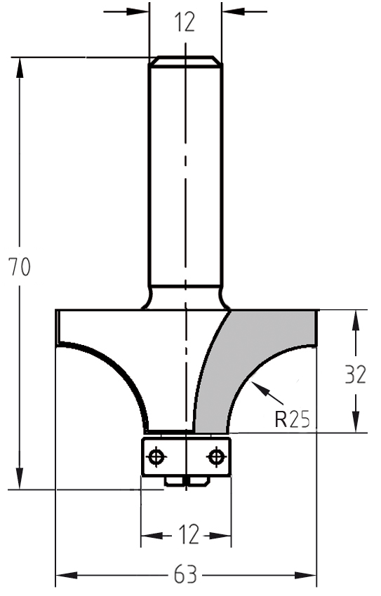 Technische Zeichnung JSO Abrundfräser R 25 mm mit Bemaßung: Durchmesser 63 mm, Nutzlänge 32 mm, Gesamtlänge 70 mm und Kugellager-Führung.