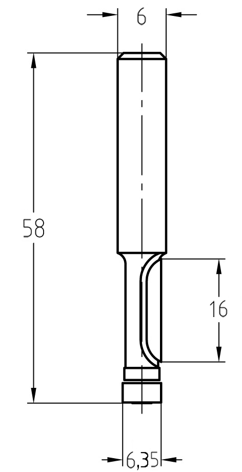 Technische Zeichnung des JSO Kopierfräsers mit Bemaßung Ø 6,35 mm, Nutzlänge 16 mm und Gesamtlänge 58 mm.