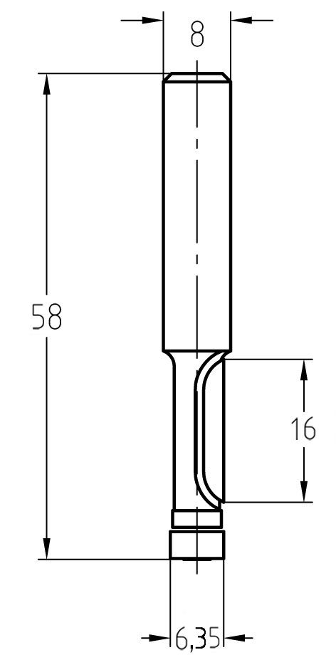 Technische Zeichnung des JSO Kopierfräsers mit Bemaßung Ø 6,35 mm, Nutzlänge 16 mm und Gesamtlänge 58 mm.