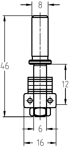 Technische Maßzeichnung des JSO Aufnahmedorns für Scheibennutfräser mit Angaben zu Schaft (8 mm), Anlauflager (16 mm), Dornlänge (12 mm) und Gesamtlänge (46 mm).
