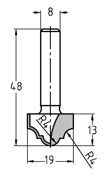 Technische Zeichnung des Multiprofilfräsers mit Maßen für Durchmesser (19 mm), Nutzlänge (13 mm) und die kombinierten 4 mm Radien.