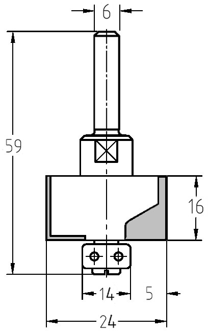 Technische Maßzeichnung des JSO Falzfräsers mit Falztiefe T=5 mm und Nutzlänge NL=16 mm.
