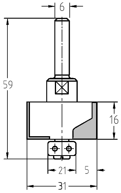 Technische Maßzeichnung des JSO Falzfräsers mit 6 mm Schaft, 5 mm Falztiefe und 16 mm Nutzlänge.

